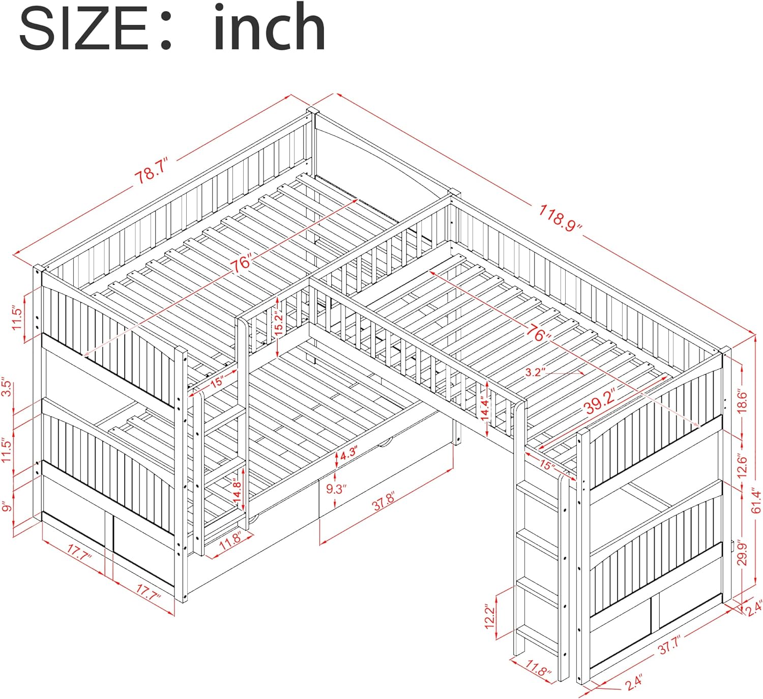 Twin over Twin L-Shaped Triple Bunk Beds with Storage Drawers, Gray Z2907