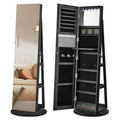 SONGMICS 6 LEDs Lockable Mirror Jewelry Cabinet, 360° Swivel Jewelry Organizer, Standing Jewelry Armoire, Frameless Full-Length Mirror, 3 Storage Shelves, White Surface, Black Lining UJJC007W01