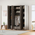 Wardrobe Armoire with 4 Doors, Four-Door Design Mirror Wardrobe with Shelves, Drawers and Hanging Rod, Built-in Dressing Mirror, 68" H Freestanding Wardrobe Cabinet