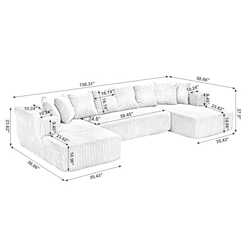 Modular Sectional Couch U-Shaped Sofa with Chaise Lounge, Striped Corduroy, White A846