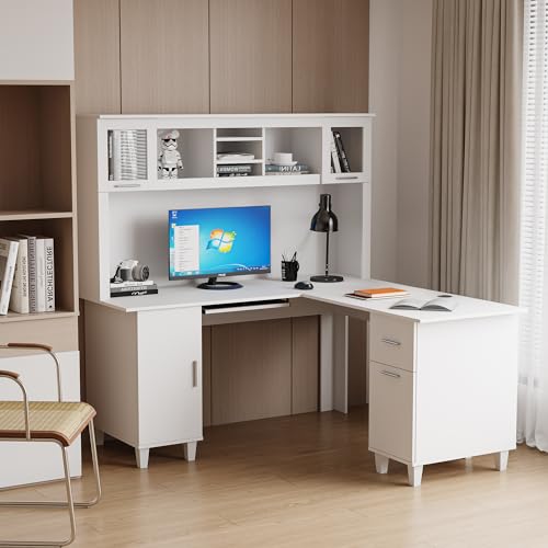 Modern Desk with Storage 2-Tier Open Shelves 1 Drawers and 1 Cabinet, Home Office Computer Desk with Hutch for Office Home Study Bedroom, White