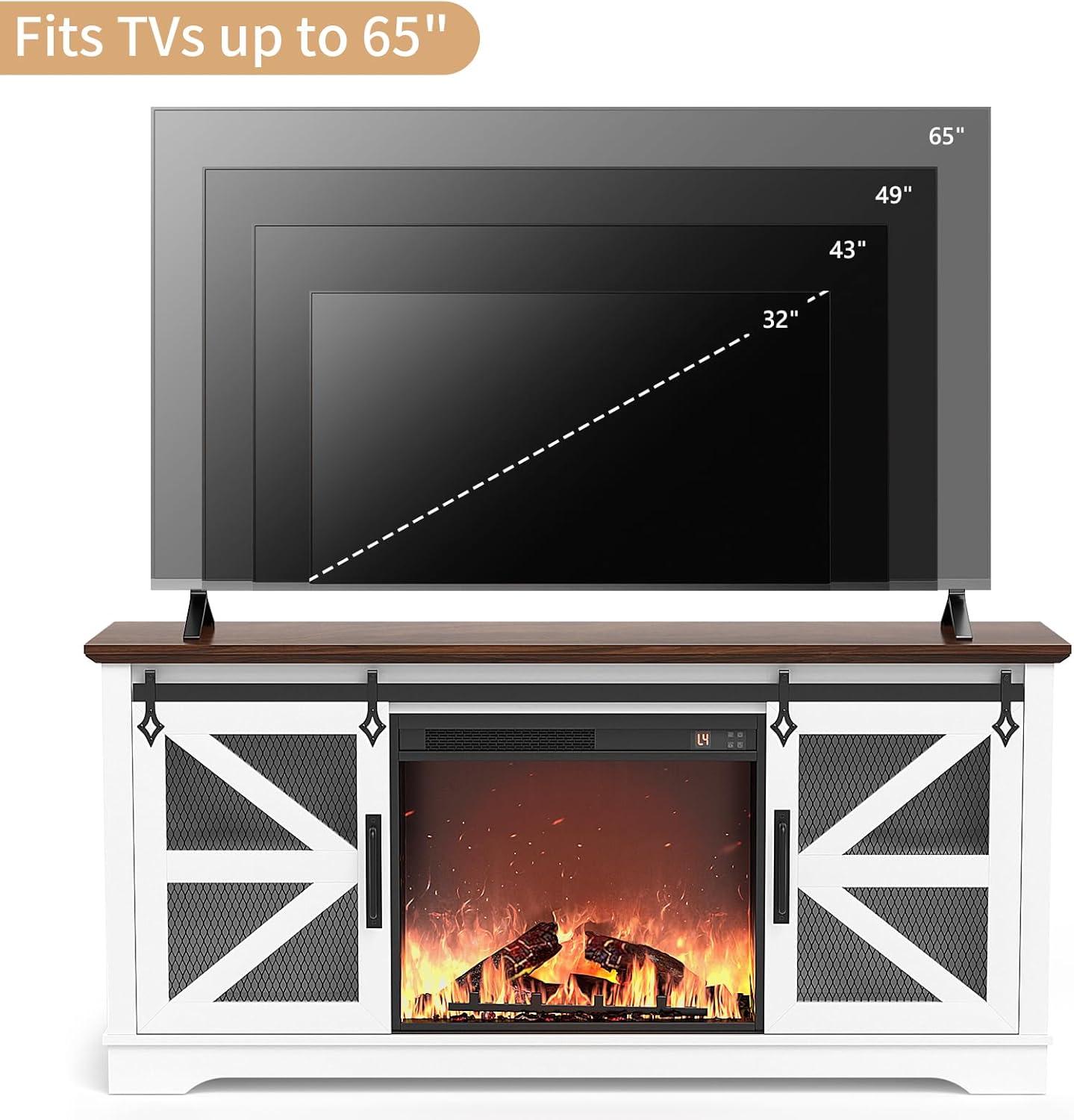 VOWNER Fireplace TV Stand for 65 Inch TV, Farmhouse Media Console with Electric Fireplace Heater, White M9174