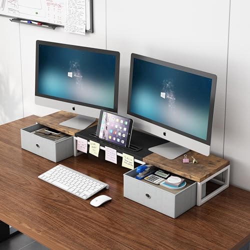 Dual Monitor Stand Riser with 2 Drawers, 39Inch Wooden Desktop Organizer, White R953128