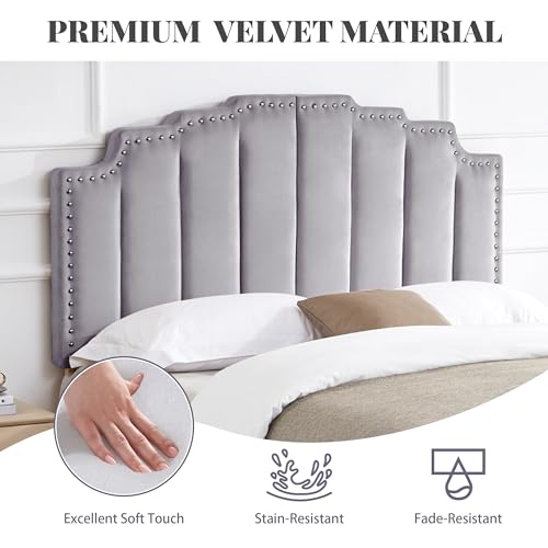 Kingfun Mid Century Velvet Upholstered Headboard for King Size Bed, Grey W923143