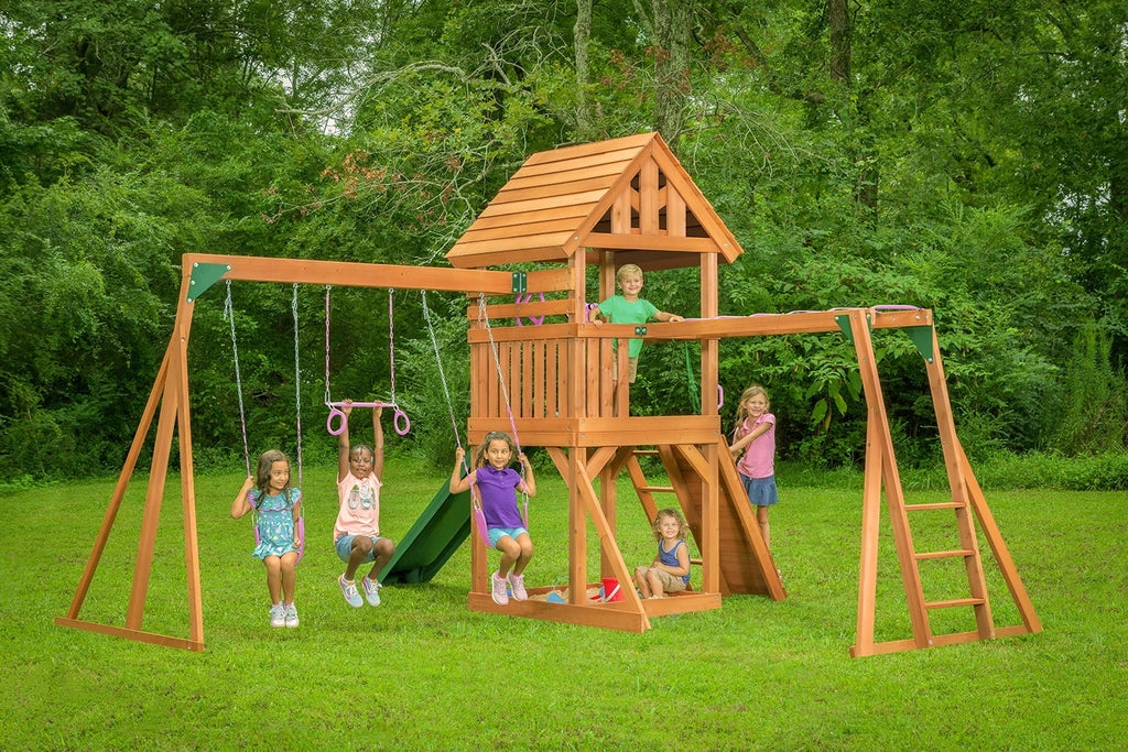 Creative Cedar Designs Mountain View Lodge Swing Set with Wooden Roof X456