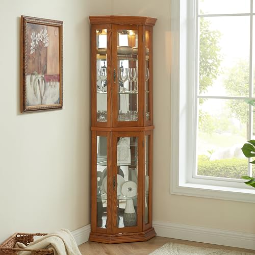 Corner Curio Cabinet with Tempered Glass Door, Adjustable Shelf, Oak H480297