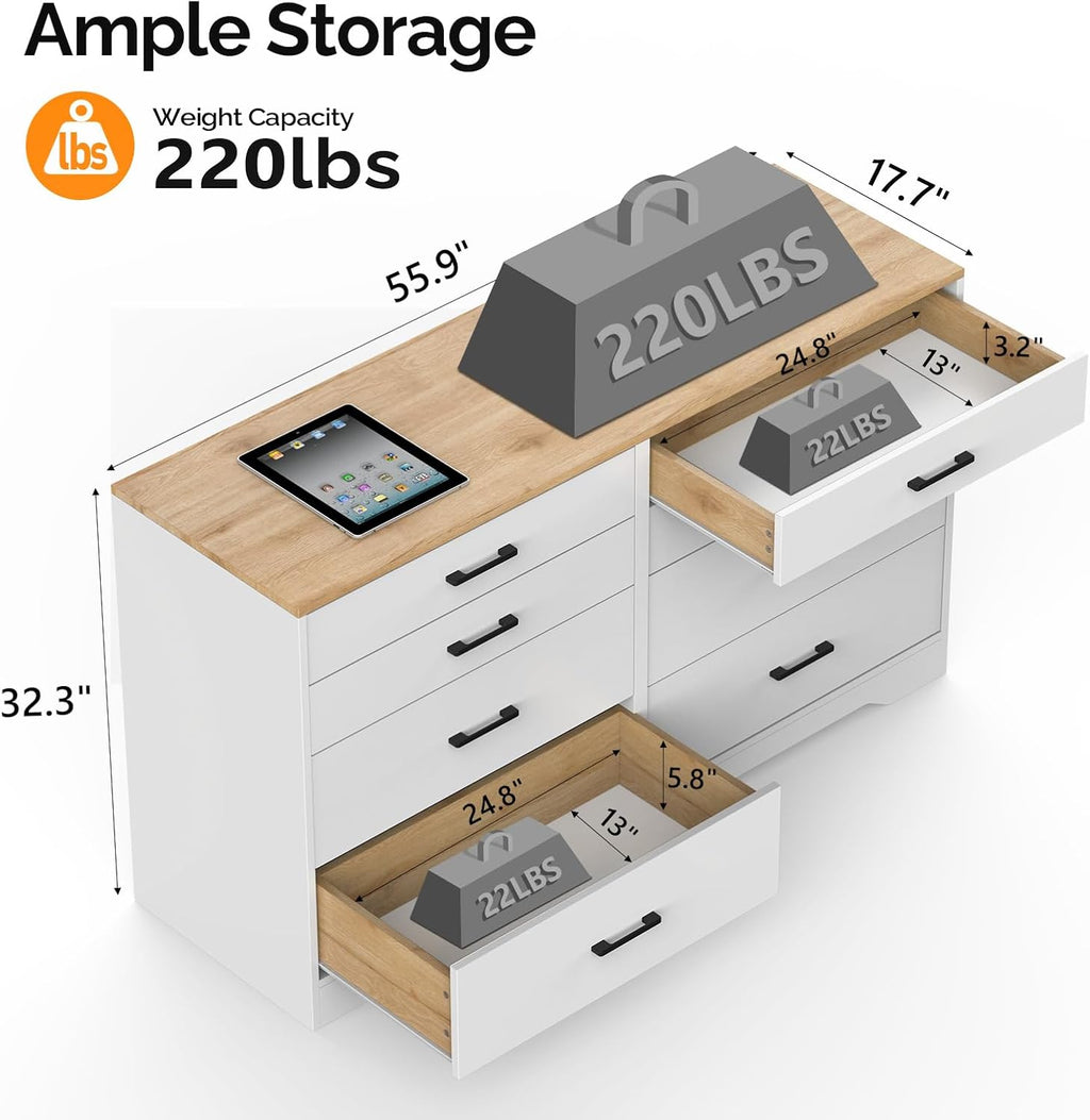 VINGLI 8 Drawer Dresser for Bedroom, White with Brown Top I1298
