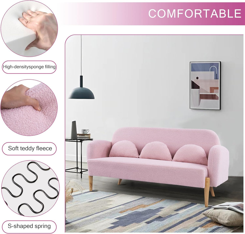 Mid Century Modern Teddy Velvet Sofa Loveseat with 3 Lumbar Pillows, Pink G54785