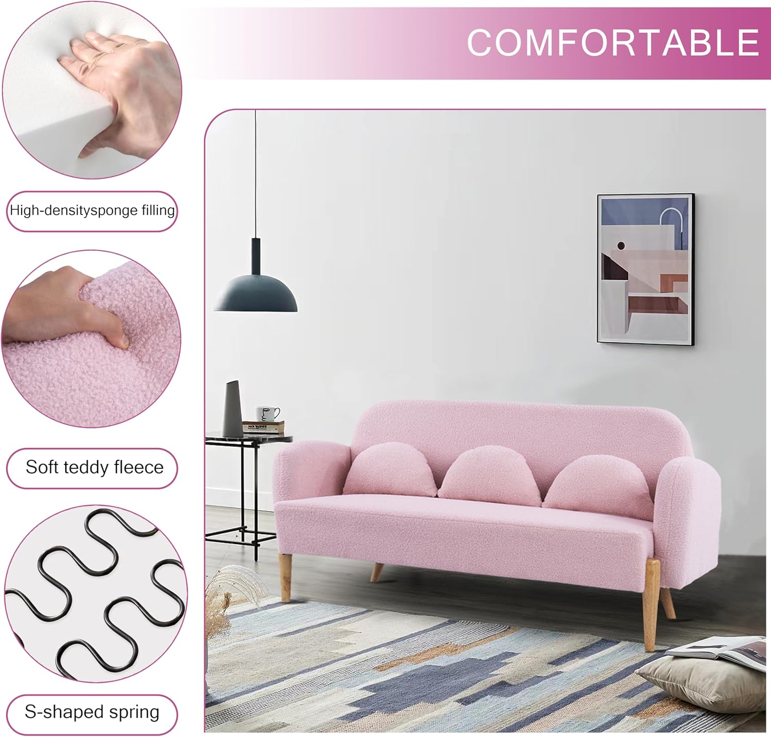 Mid Century Modern Teddy Velvet Sofa Loveseat with 3 Lumbar Pillows, Pink G54785
