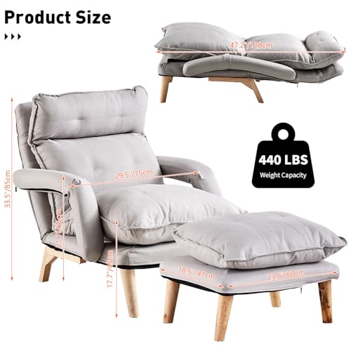 Linen Accent Chair with Ottoman, Adjustable Lounge Chair with Footstool, Gray W9346