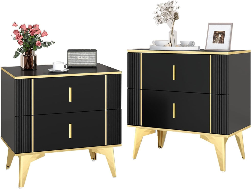 Wakefit Nightstands Set of 2, Light Luxury Bedside Table with 2 Wood Drawers, Black S5458