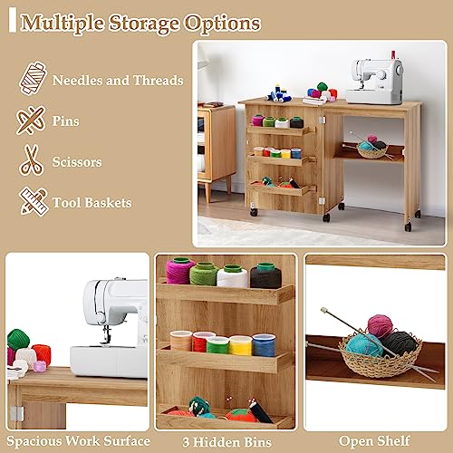 COSTWAY Folding Sewing Table with Shelves and Lockable Wheels I6331