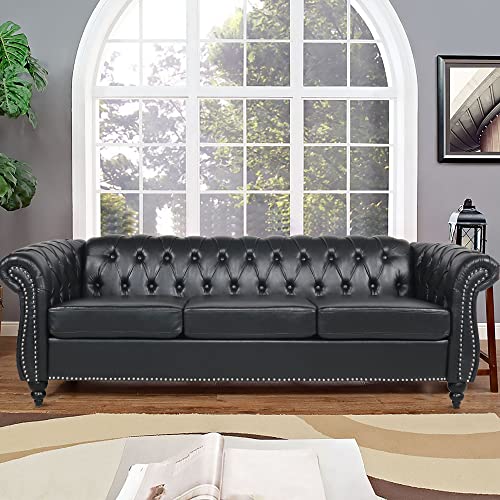 Chesterfield Sofa Leather, 84" Upholstered Tufted Couch 3 Seater with Rolled Arms and Nailhead for Living Room, Bedroom (Dark Brown)
