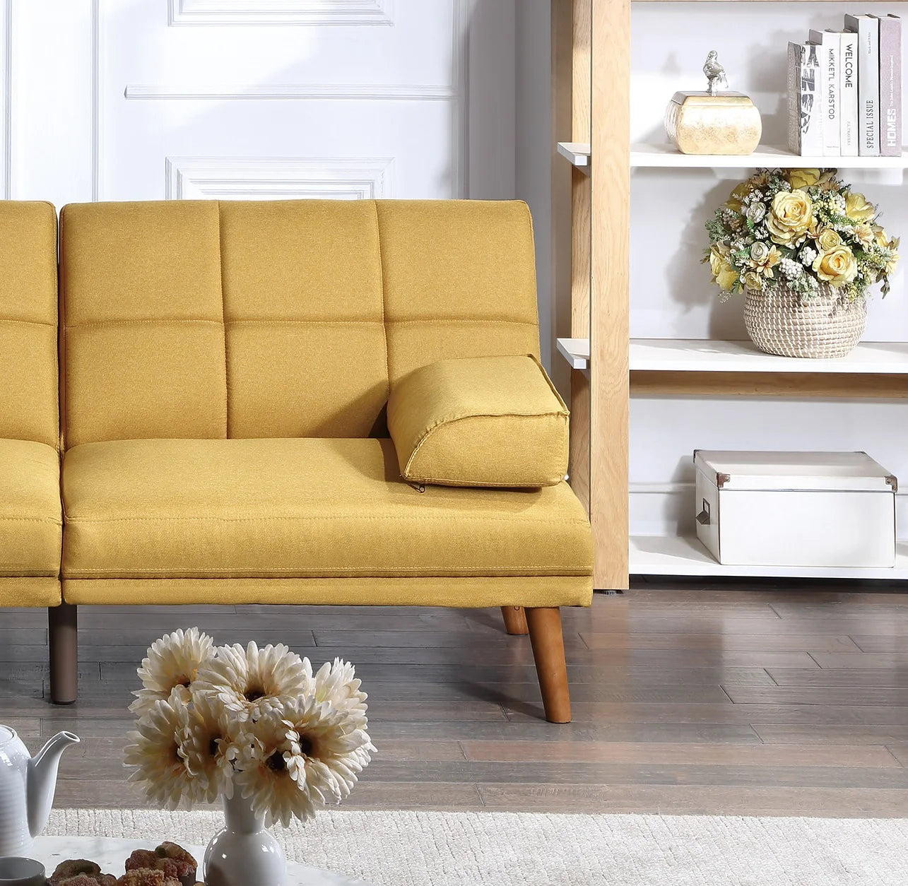 Convertible Sofa Bed Mustard Polyfiber Tufted Cushions X8523