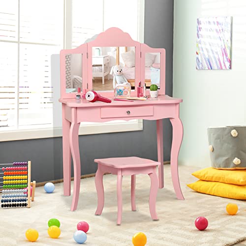 HONEY JOY Kids Vanity Set with Mirror and Stool, White L306