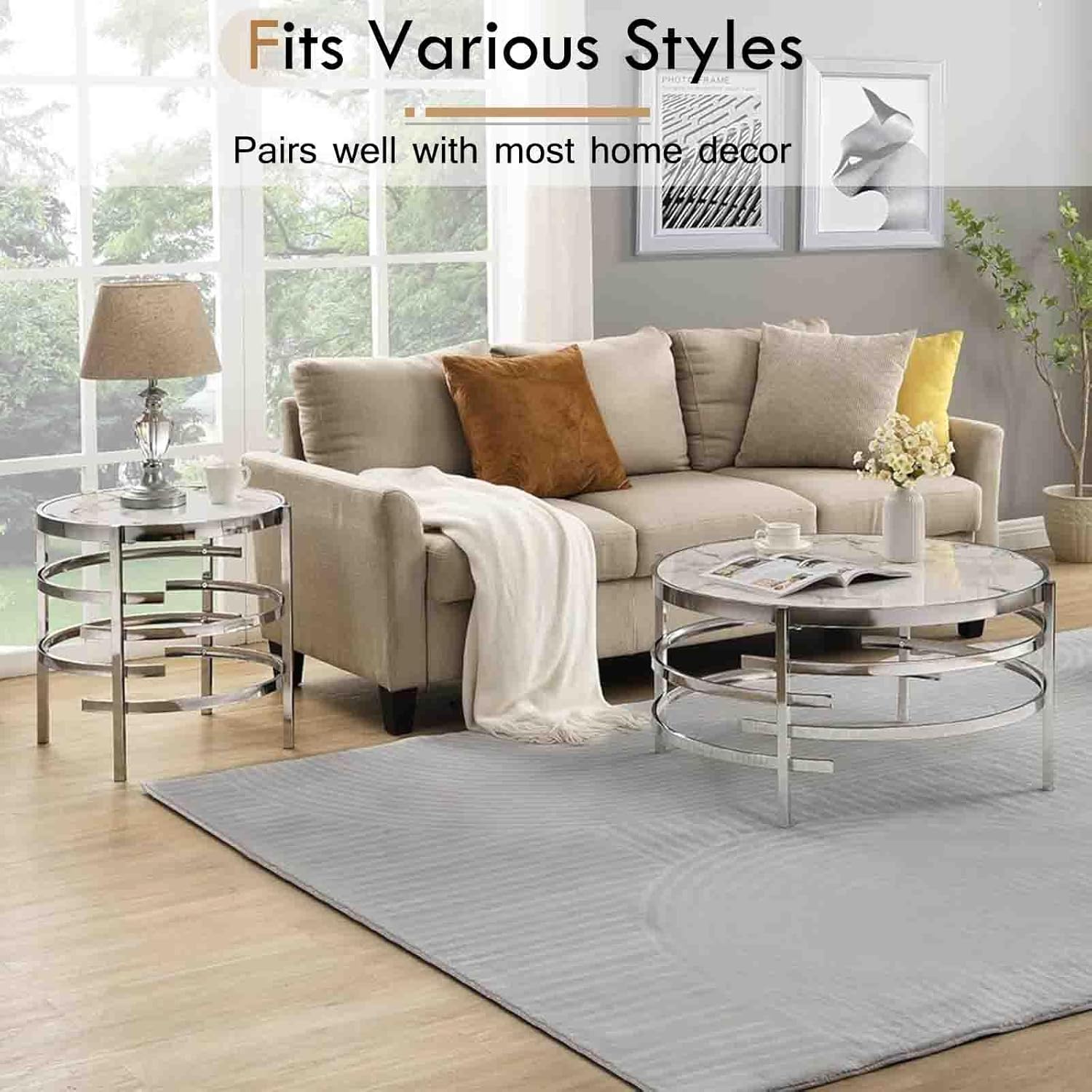 Goujxcy Modern Round Coffee Table with Faux Marble & Silver Metal Frame R713512