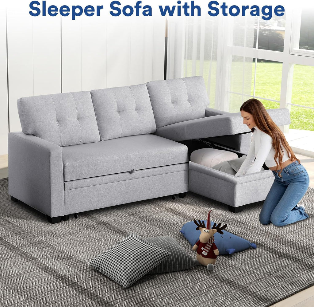 4-in-1 Convertible L Shaped Couch with Pull Out Bed and Storage, Light Gray G8799