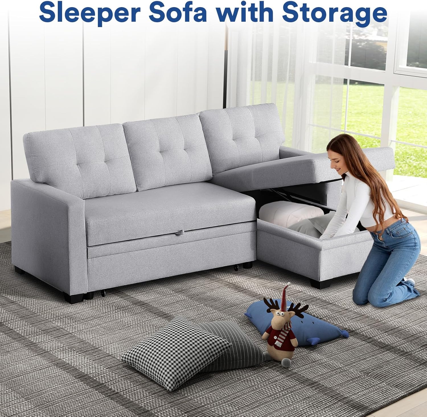 4-in-1 Convertible L Shaped Couch with Pull Out Bed and Storage, Light Gray G8799