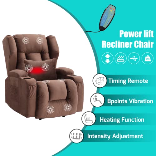 Power Lift Recliner Chair for Elderly with Massage and Heat, Velvet, USB Ports X3458