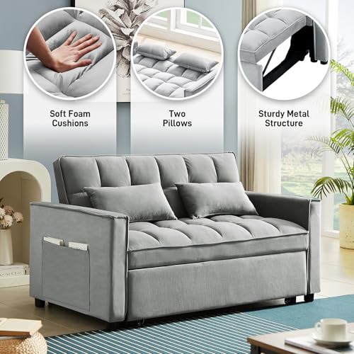 3 in 1 Convertible Sleeper Sofa Bed with Pullout Bed, Velvet, Beige I274535