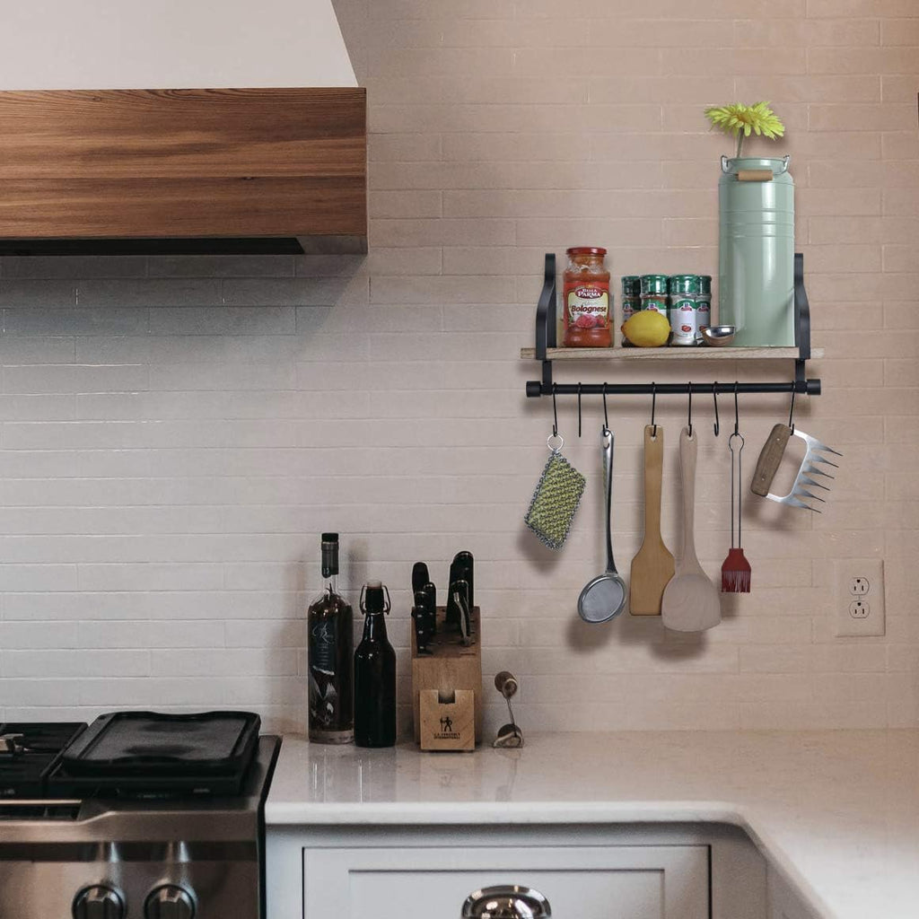 Rustic Wood Floating Shelf with 8 Hooks Y12355