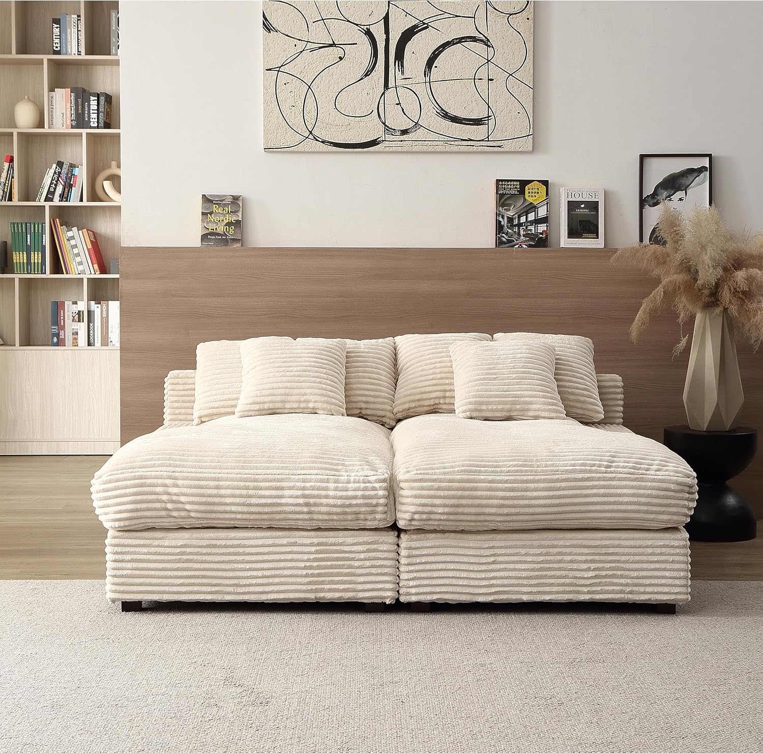 Oversized Corduroy Chaise Lounge Loveseat Couch Bed with Solid Wood Legs L89414