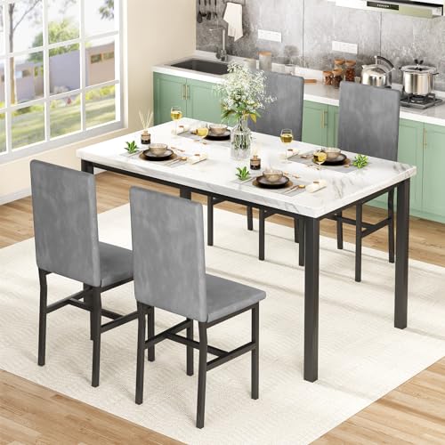 Hooseng Dining Table Set for 4, Faux Marble Tabletop & PU Leather Chairs, Brown & White Z433