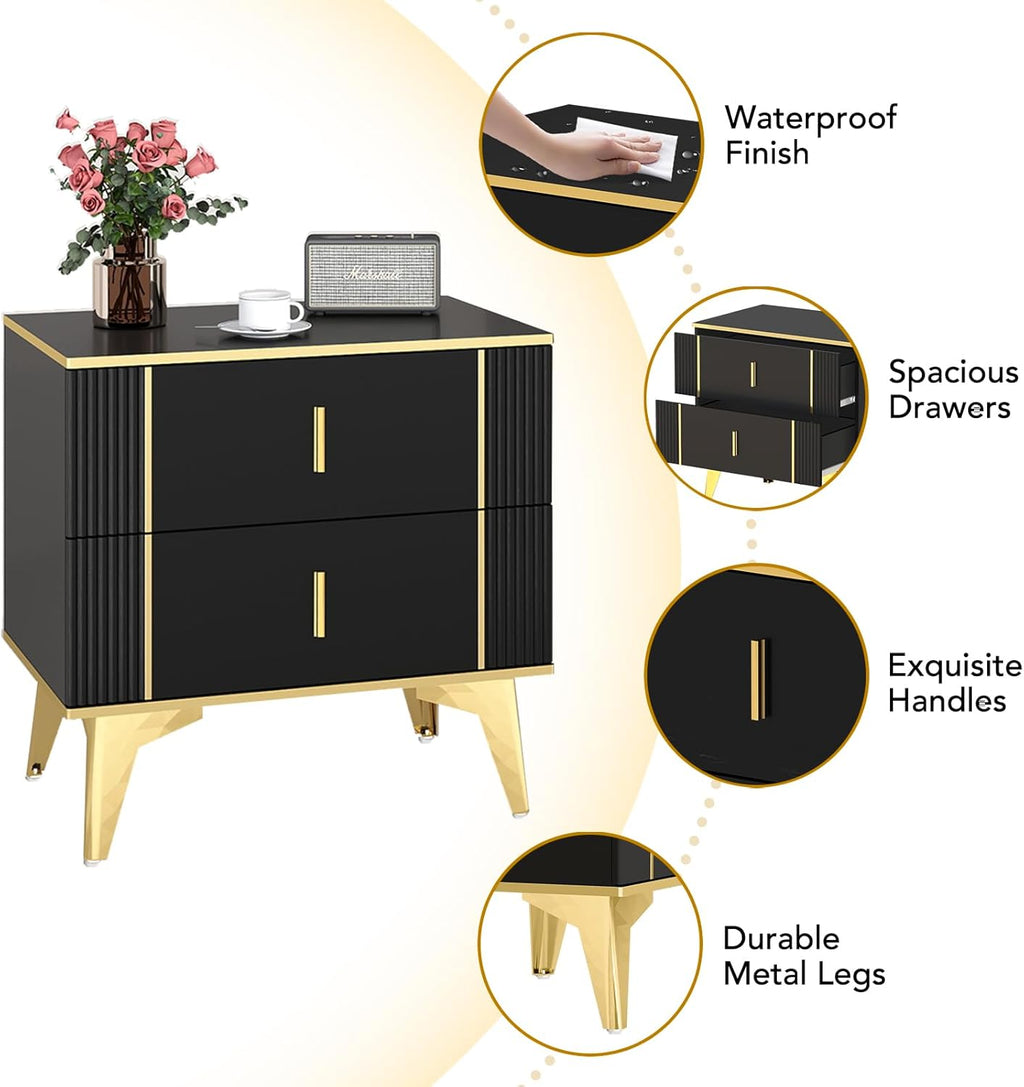Wakefit Nightstands Set of 2, Light Luxury Bedside Table with 2 Wood Drawers, Black S5458