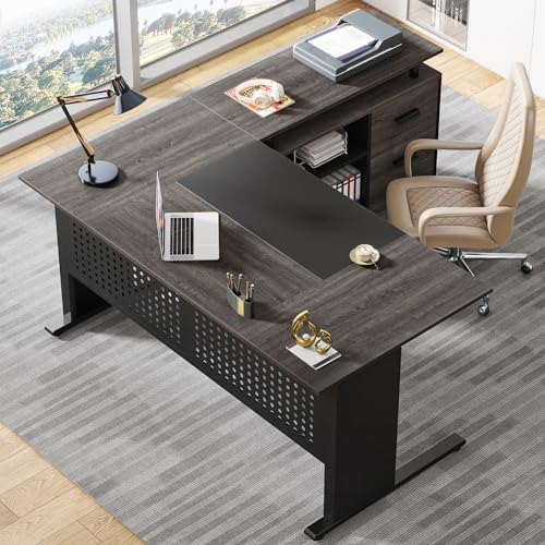 Tribesigns 63 Inch Executive Desk with File Cabinet, L Shaped Computer Desk, Gray and Black I266197