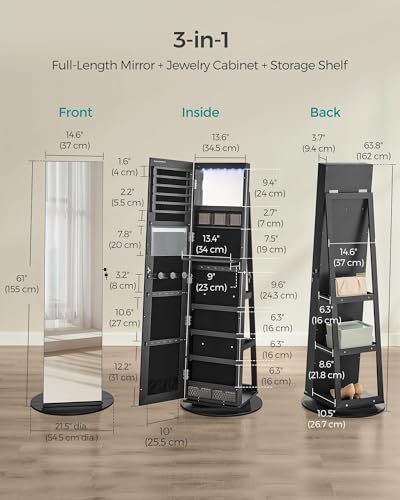 SONGMICS Lockable Mirror Jewelry Cabinet, 360° Swivel Standing Organizer, White P569