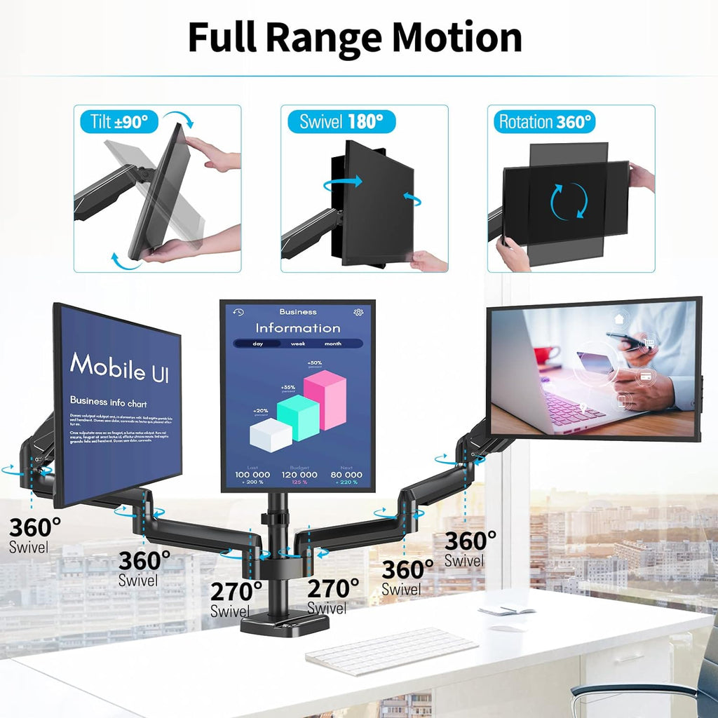 MOUNTUP Triple Monitor Mount Desk Stand for 3 Screens Up to 27 inch, Gas Spring, Heavy Duty J193