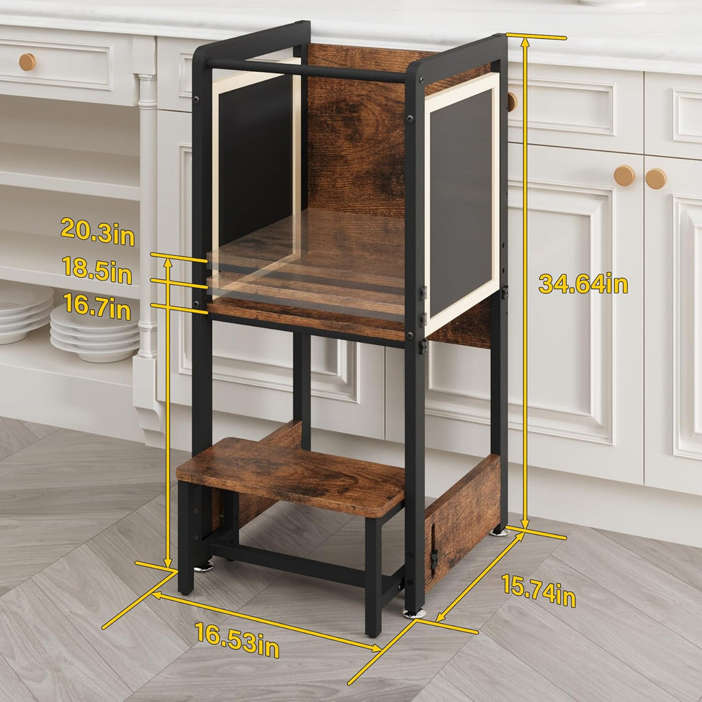Toddler Kitchen Stool Helper 4-in-1 with Chalkboard Safety Rail, Adjustable Height Wooden Standing Tower J36959