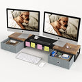 Dual Monitor Stand Riser with 2 Drawers - 39Inch Large Storage Computer Monitor Stands for 2 Monitors, Wooden Desktop Organizer Perfect for Home Office Desk, Computer, Laptop, TV, White