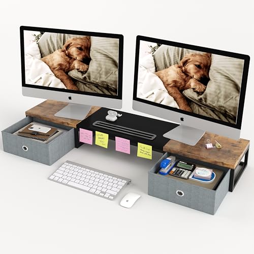 Dual Monitor Stand Riser with 2 Drawers - 39Inch Large Storage Computer Monitor Stands for 2 Monitors, Wooden Desktop Organizer Perfect for Home Office Desk, Computer, Laptop, TV, White