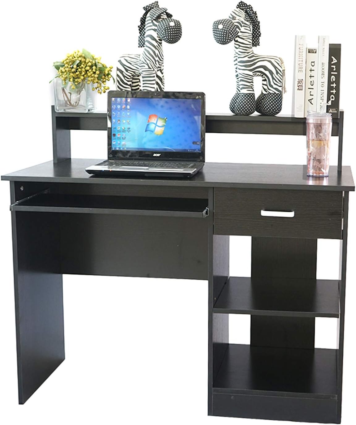 Black Computer Desk with Keyboard Tray and Drawer for Home Office T14048