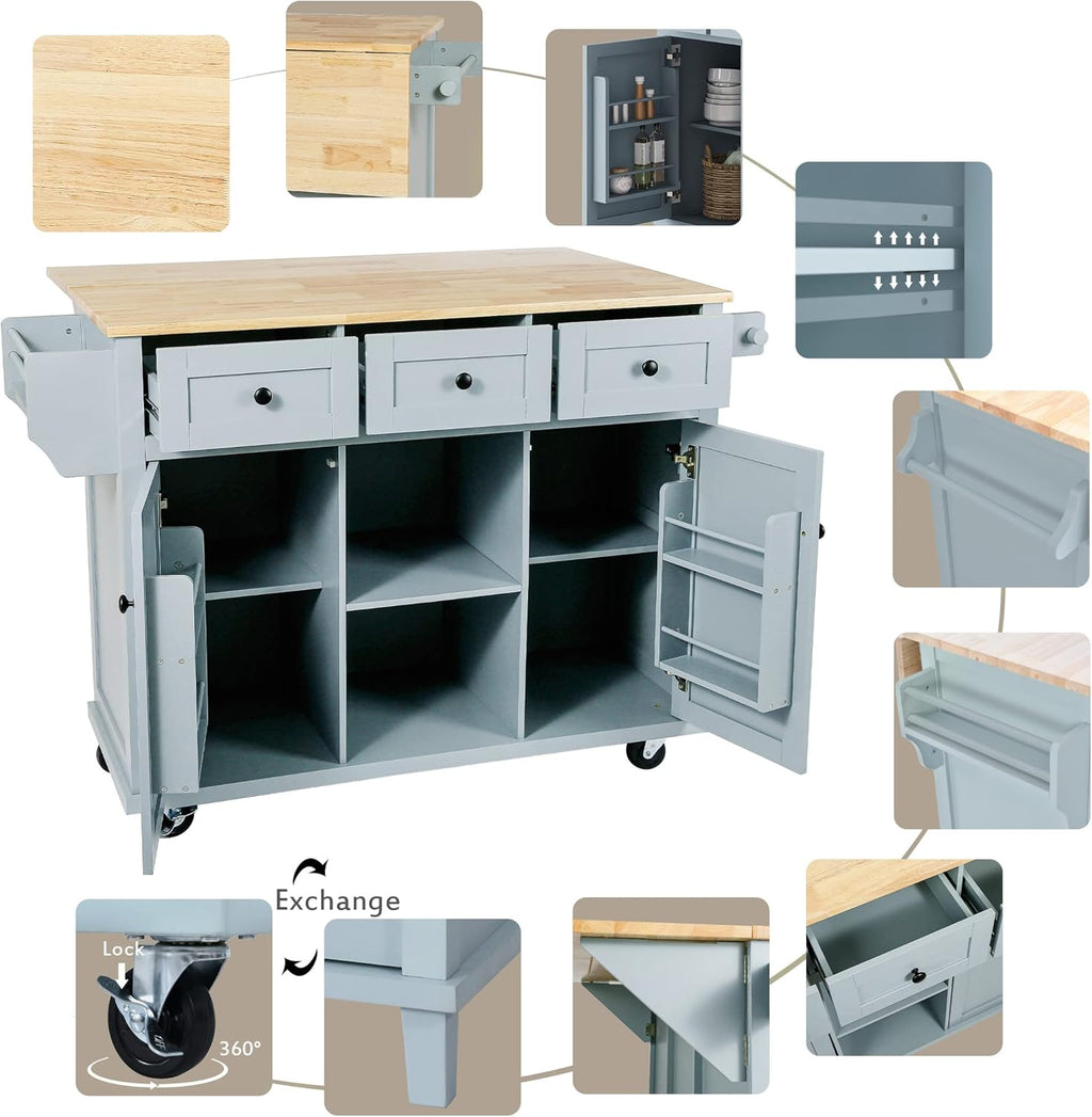 Kitchen Cart with Rubber Wood Drop-Leaf Countertop, 5 Wheels, Blue L307