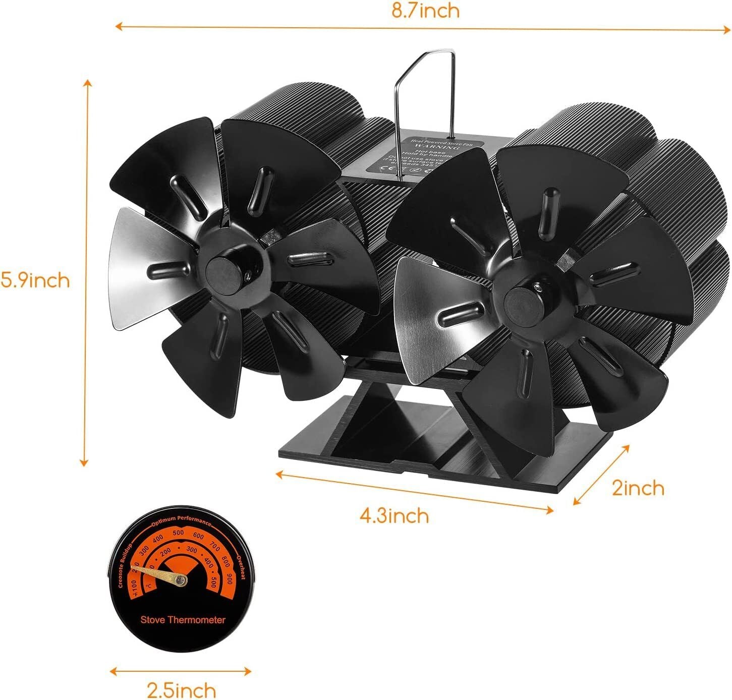 Jahy2Tech 12-Blade Dual Head Wood Stove Fan with Magnetic Thermometer C56573