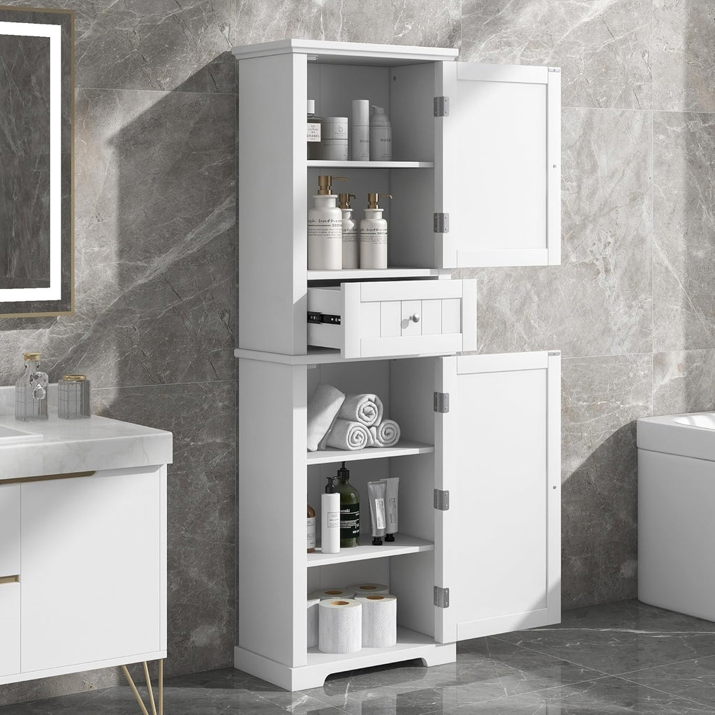 DofFo 67.3“ Tall Linen Bathroom Storage Cabinet, Modern Linen Cabinet Freestanding with 2 Doors and 1 Drawer, Bathroom Organizers Storage, Shelves for Bathroom, Living Room, Anti-Tipping, White