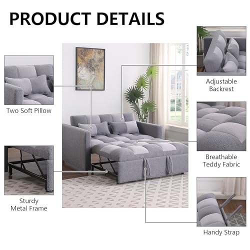 Loveseat Sleeper Sofa with Adjustable Backrest, Teddy Fabric Couch Bed (Brown) C96832