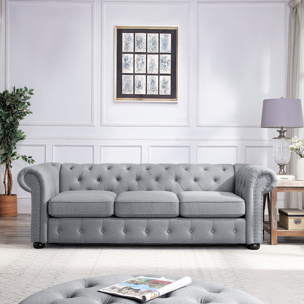 Corvus Aleksis Tufted Chesterfield 3-Seater Sofa with Rolled Arms, Light Grey J109