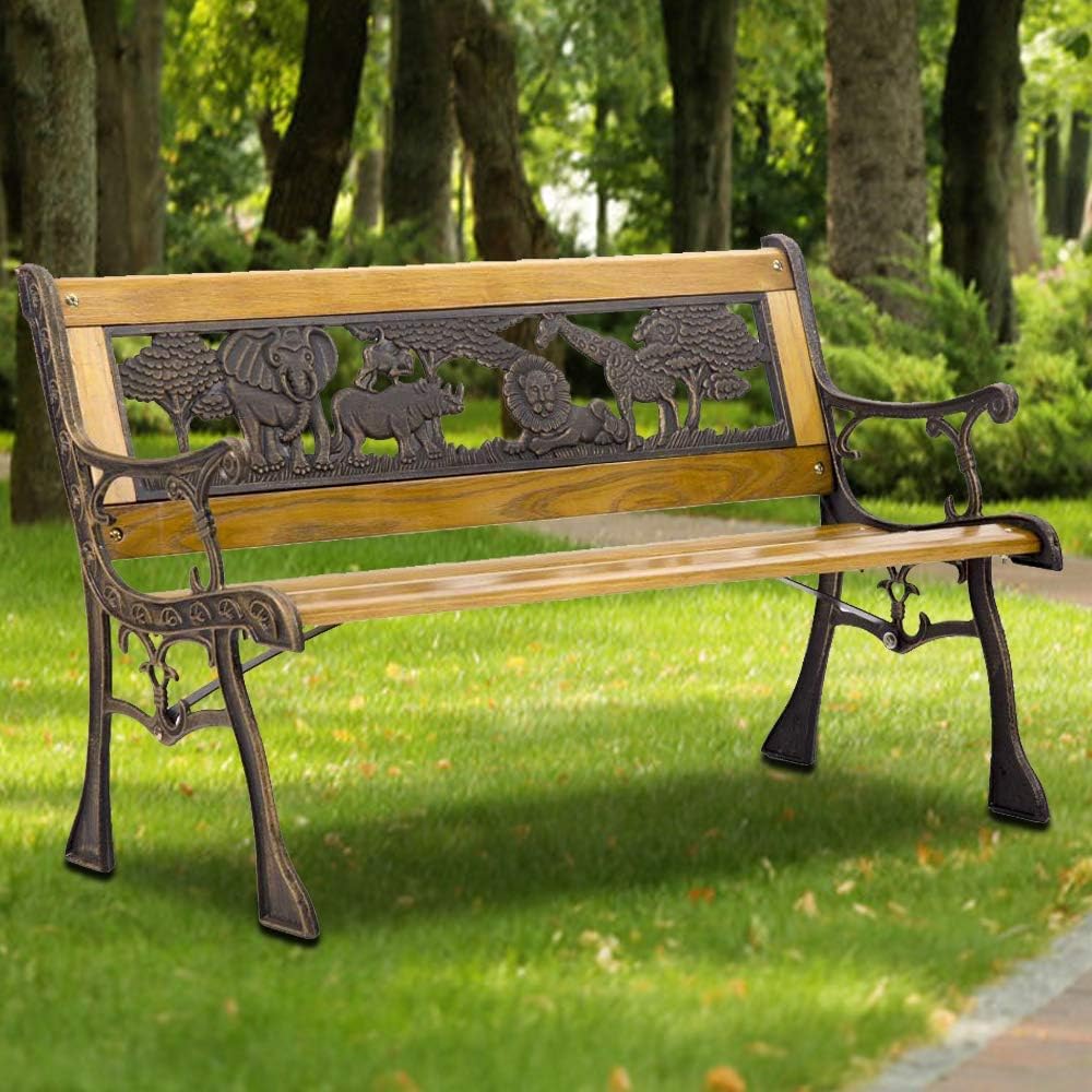 Outdoor Kid Bench Seating, 32.6" Kids Mini Sized Hardwood Bench w/Metal Frame & Cast Iron Armrest, Antique Safari Animal Garden Bench for Children Patio Lawn Balcony Backyard Porch and Indoor