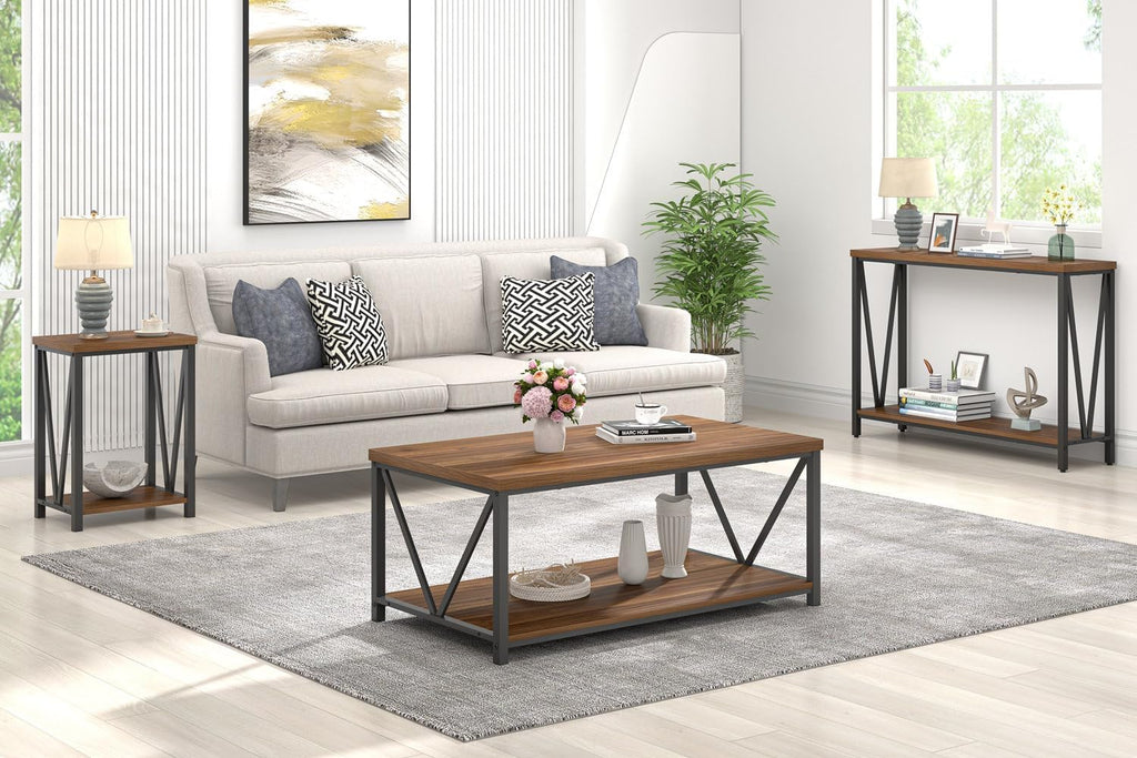 FOLUBAN Modern Coffee Table End Table and Entryway Table with Storage Shelf for Living Room, Rustic Walnut