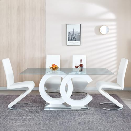 70 inch Glass Dining Table for 8, Modern Clear Tempered Glass Dining Room Table with Golden Stainless Steel Pedestal, Large Rectangular Glass Kitchen Table for Dining Room Dinner Office