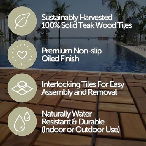 Nordic Style Teak Interlocking Tiles - Wooden Floor Tile Set for Indoor and Outdoor Use - 10 Square Feet (12" x 12") E7899
