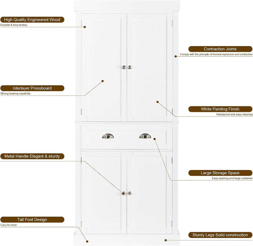 Freestanding Kitchen Pantry Cabinet with Doors and Shelves, White E981785