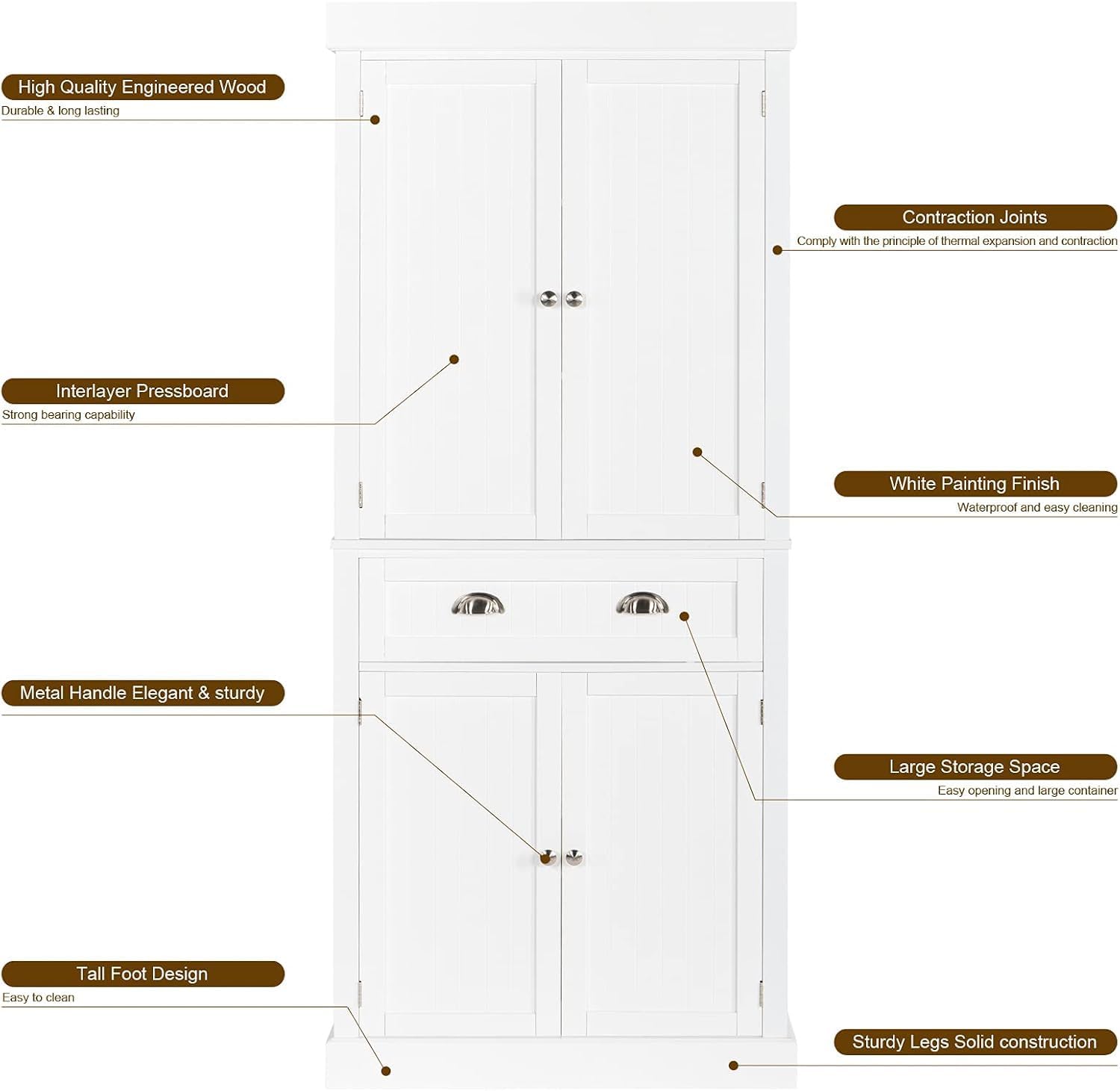 Freestanding Kitchen Pantry Cabinet with Doors and Shelves, White E981785