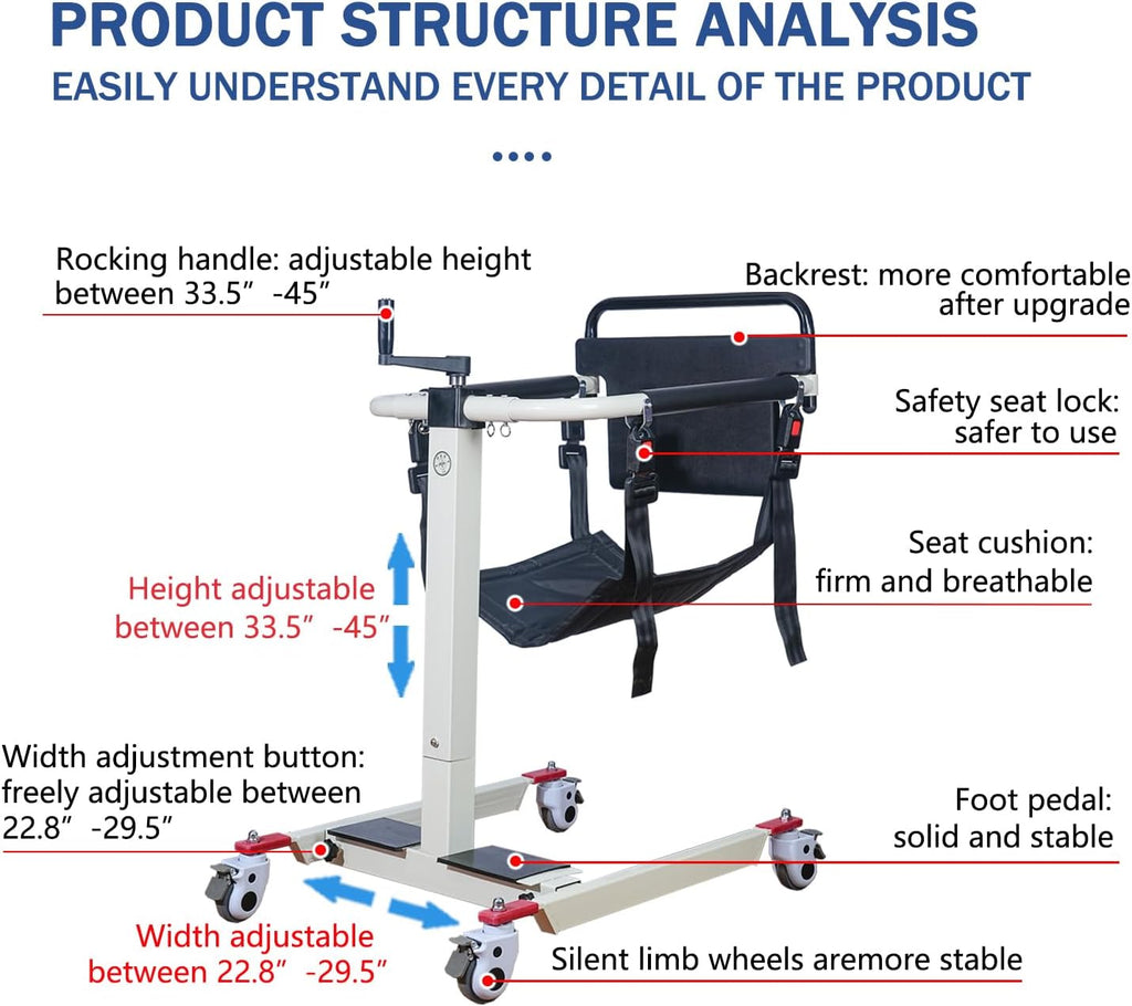 Patient Lift Transfer Chair, Height and Width Adjustable Wheelchair for Elderly and Disabled X100392