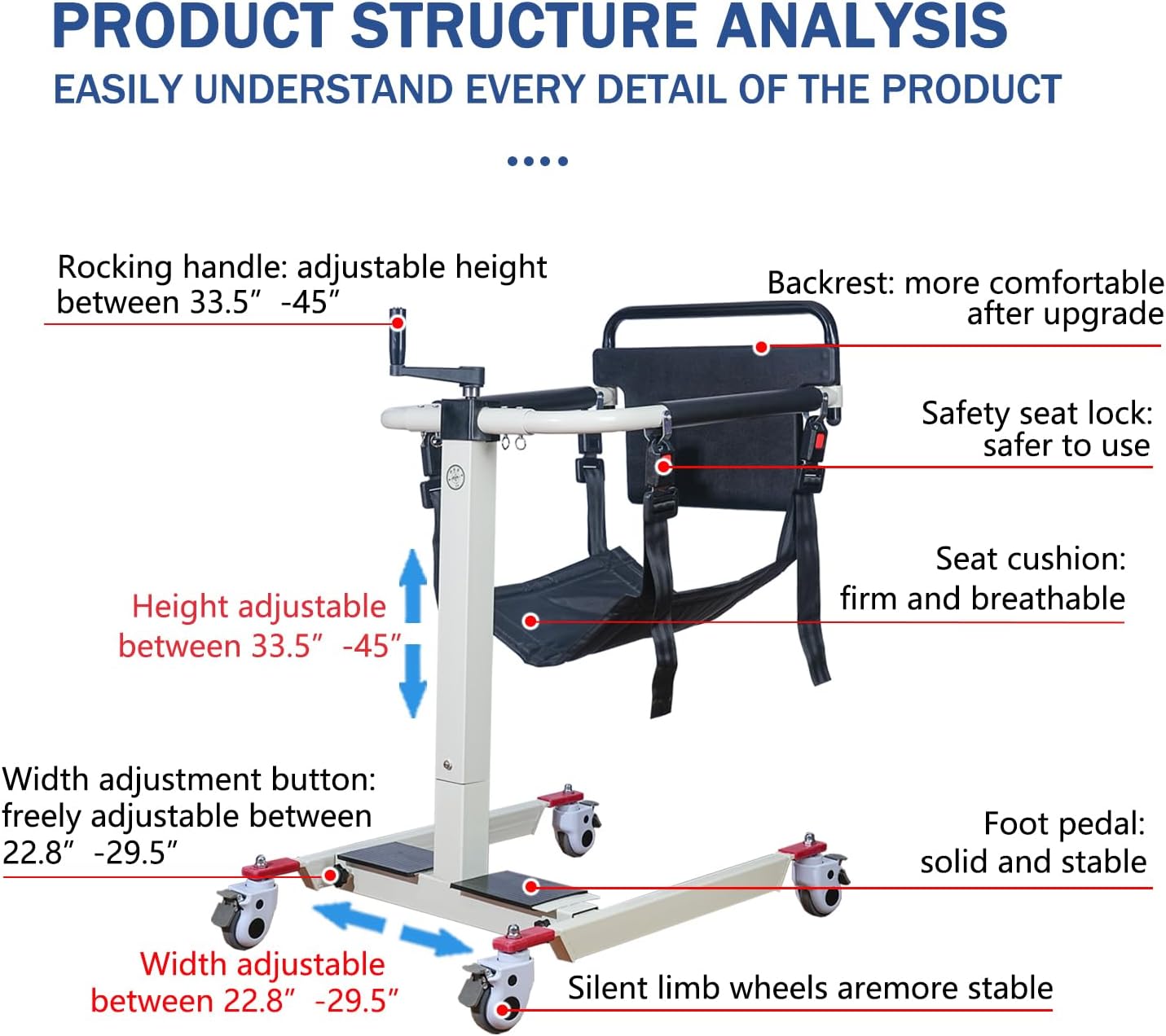 Patient Lift Transfer Chair, Height and Width Adjustable Wheelchair for Elderly and Disabled X100392