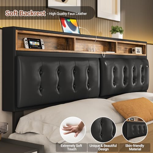 Hasuit California King Floating Bed Frame with LED Lights and Charging Station, Faux Leather Black Z6705