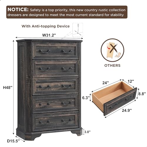 T4TREAM Farmhouse 5 Drawers Dresser, 48" Tall Wood Rustic Chest, Antique White Y4415
